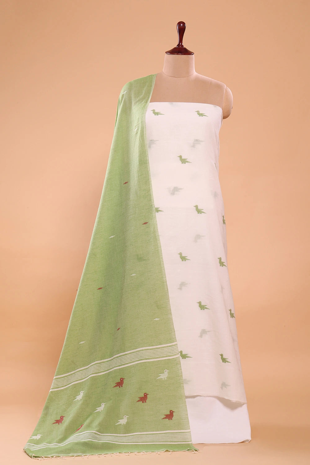 Ivory & Sage Green Bird Motif Jamdani Suit Set with Dupatta