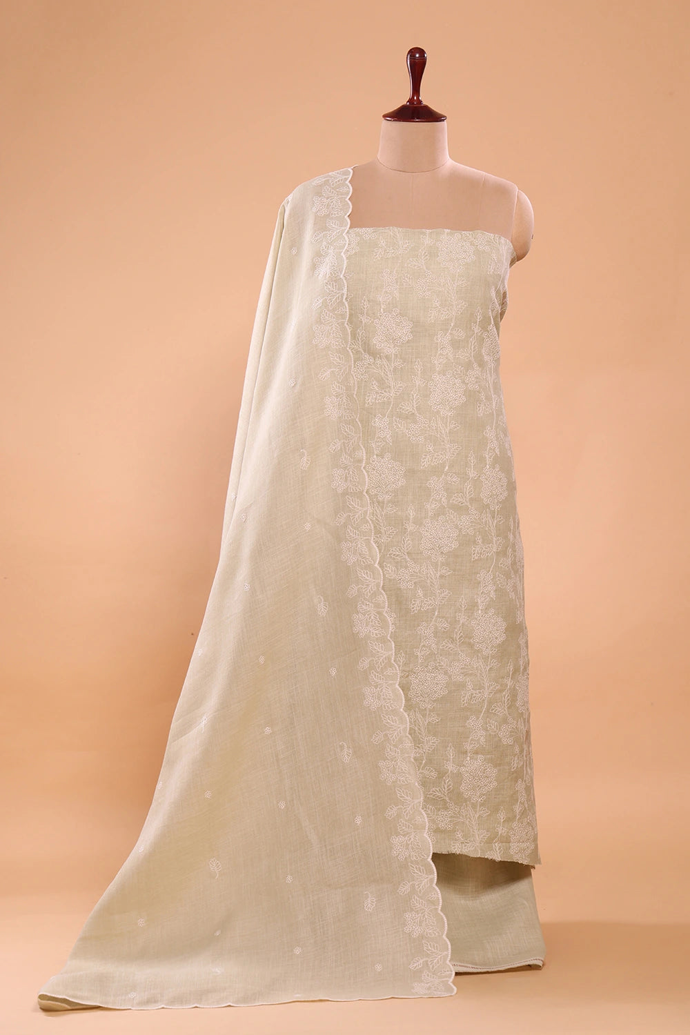 Pastel Green Linen Embriodered Suit Set With Dupatta