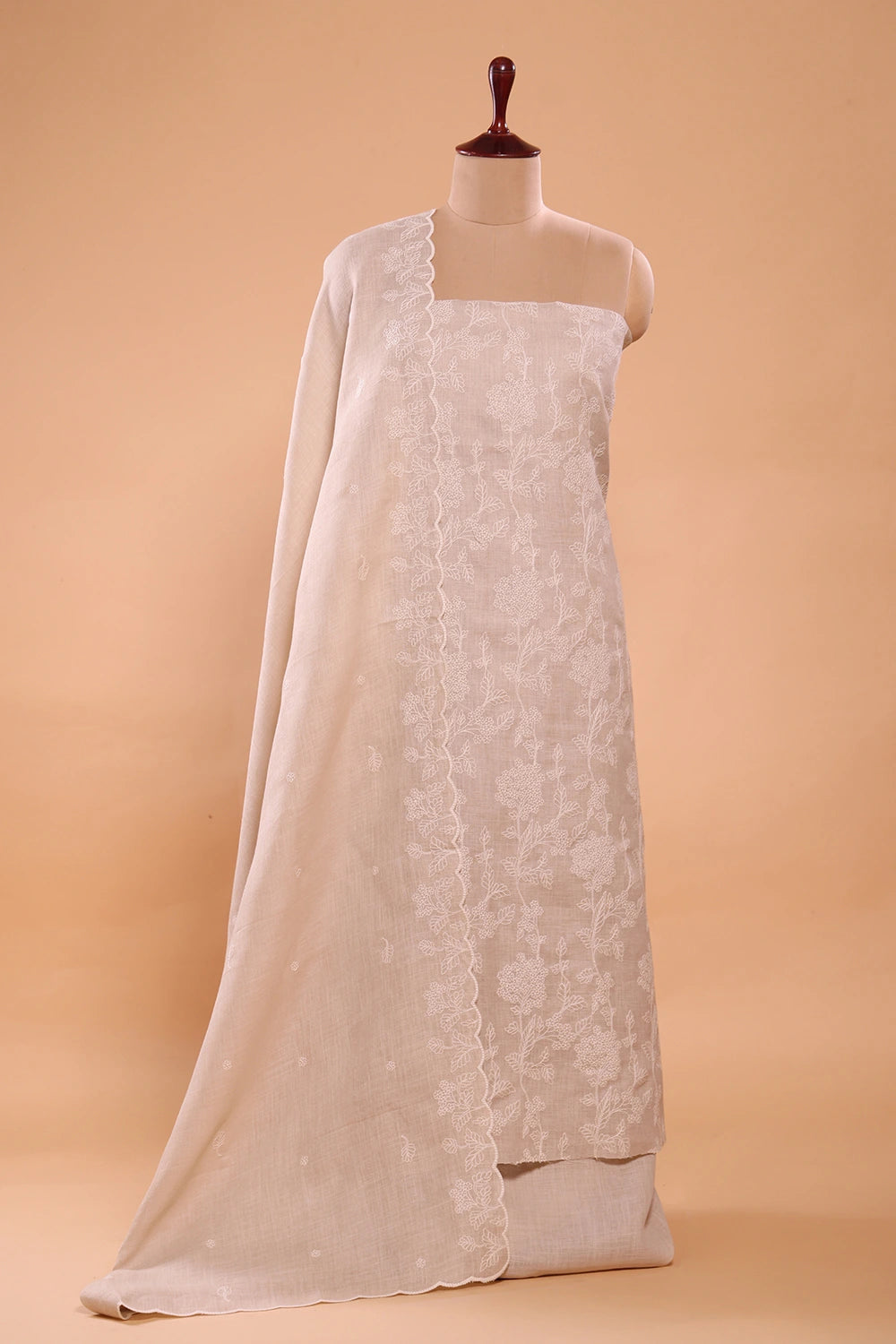 Beige Linen Embriodered Suit Set With Dupatta