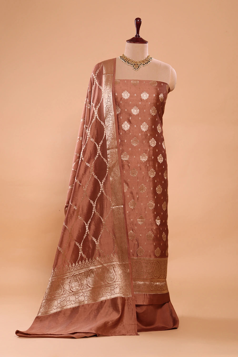 Handloom Pure Silk Mocha Brown Suit Set WIth Dupatta