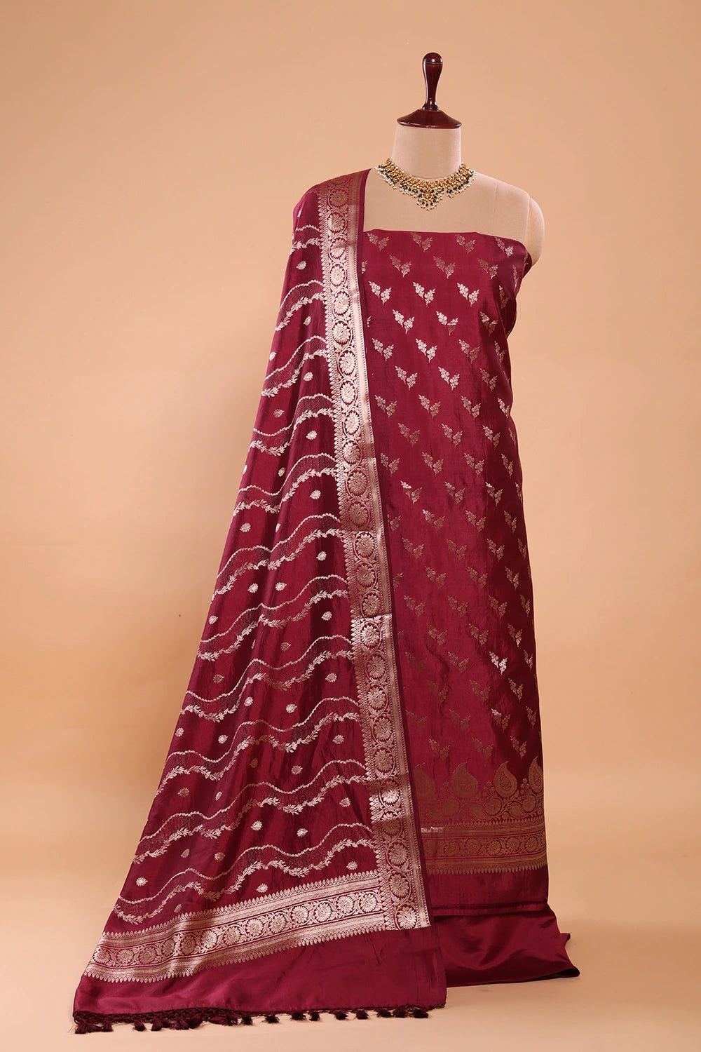 Handloom Wine Pure Silk Banarsai Kurta Set With Dupatta