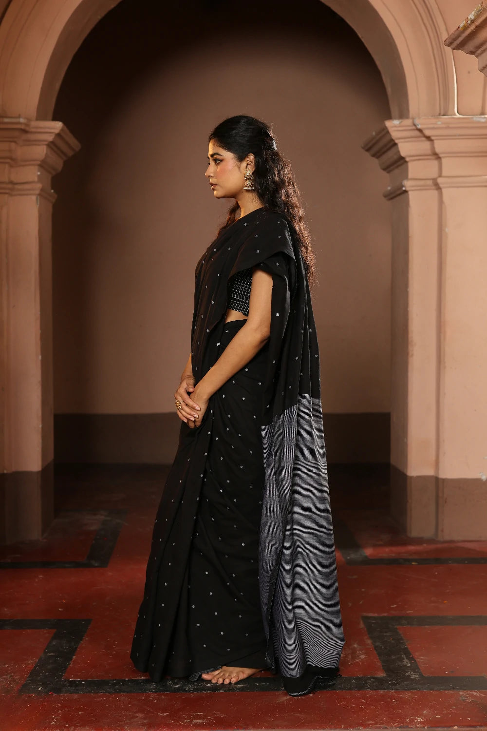 Handloom Black Polka Pure Cotton Jamdani Saree