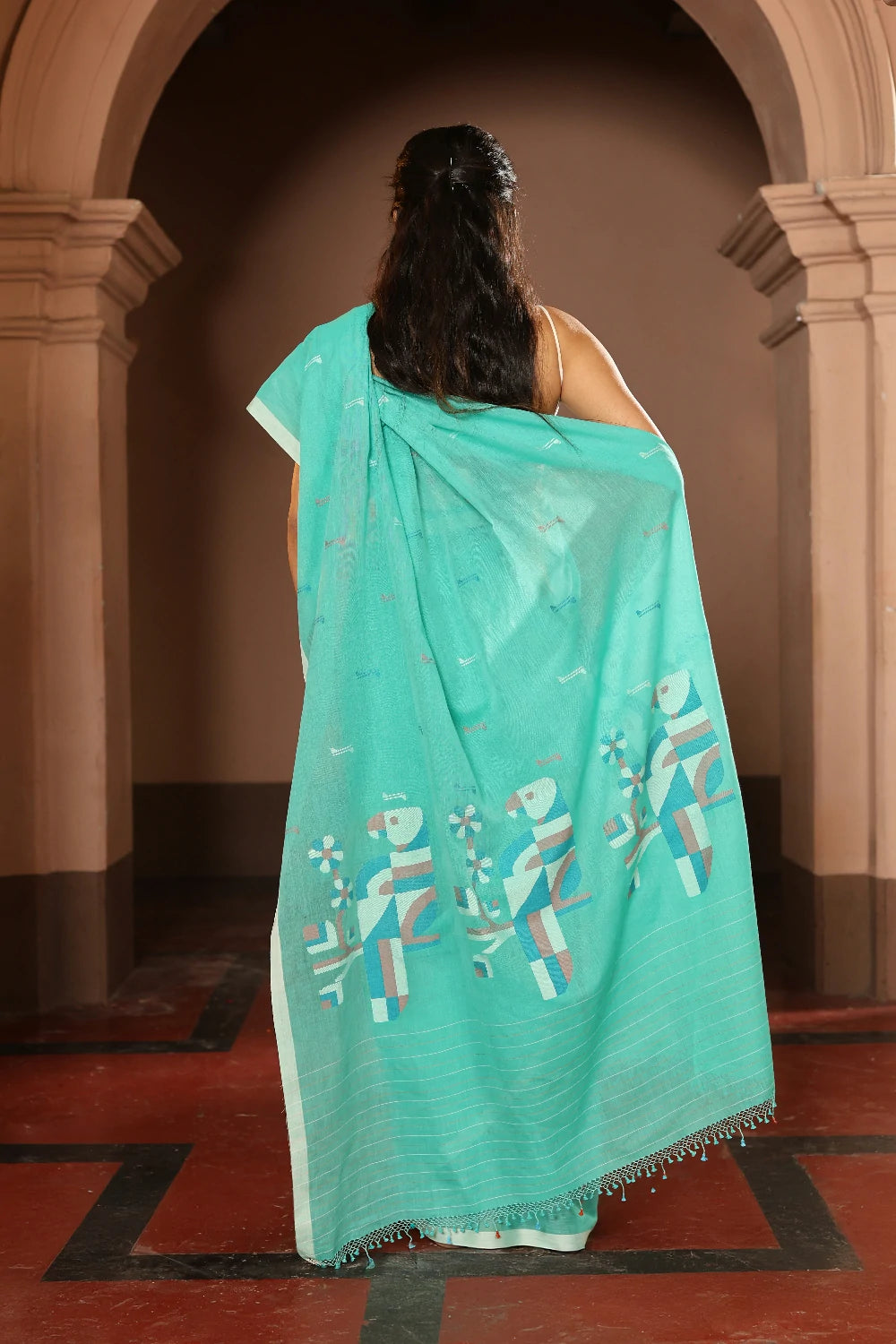 Handloom Aqua Blue Pure Cotton Contemporary Jamdani Saree