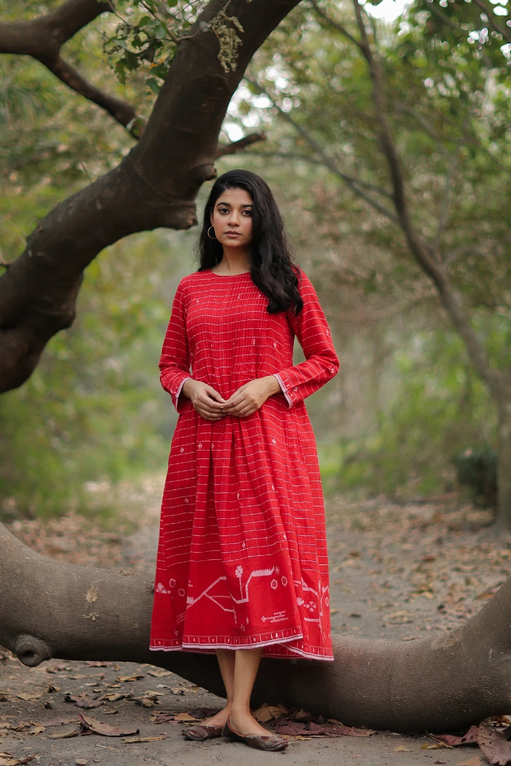 white christmas dresses Evara Jamdani Cotton Calf-length Dress with Hemmed Slip – Tritva main image 1