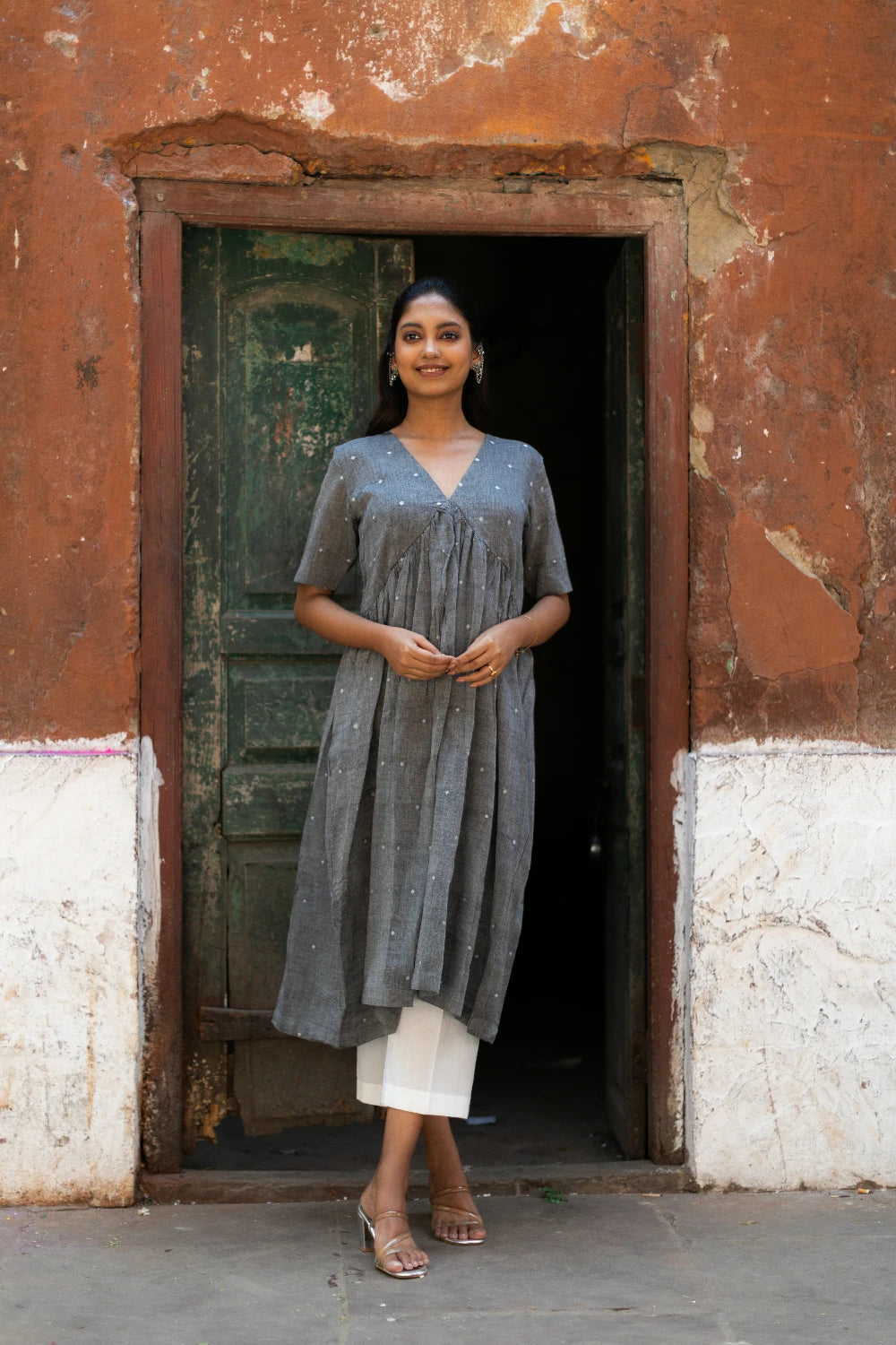 Handloom Grey Soft Cotton Jamdani Kurta Set With Dupatta
