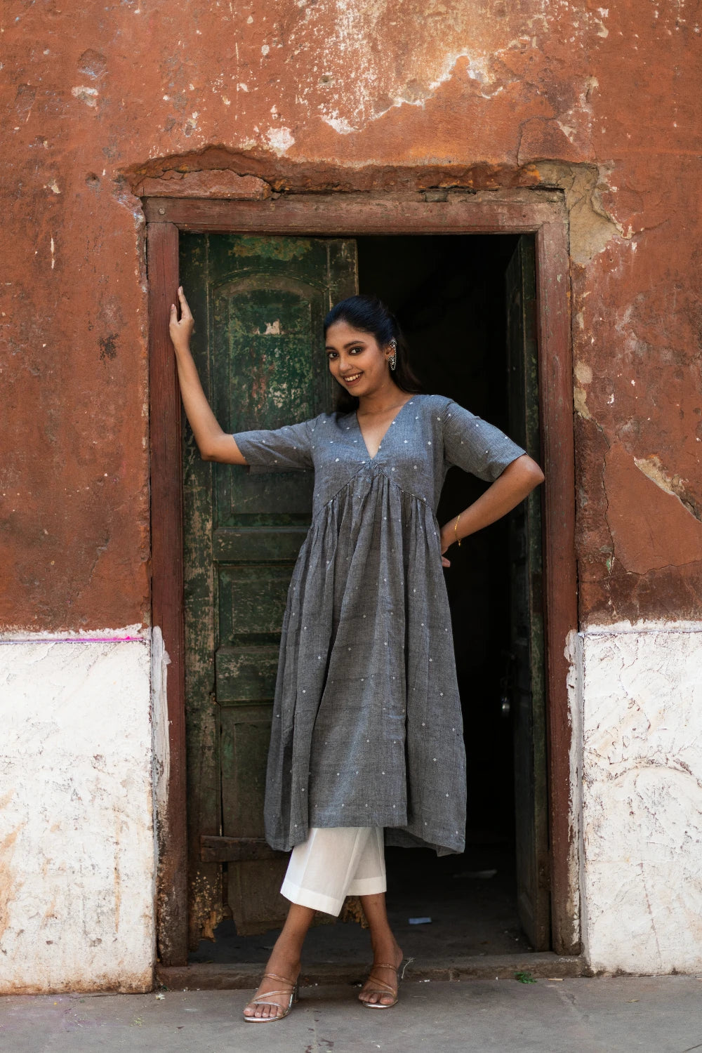 Handloom Grey Soft Cotton Jamdani Kurta Set With Dupatta