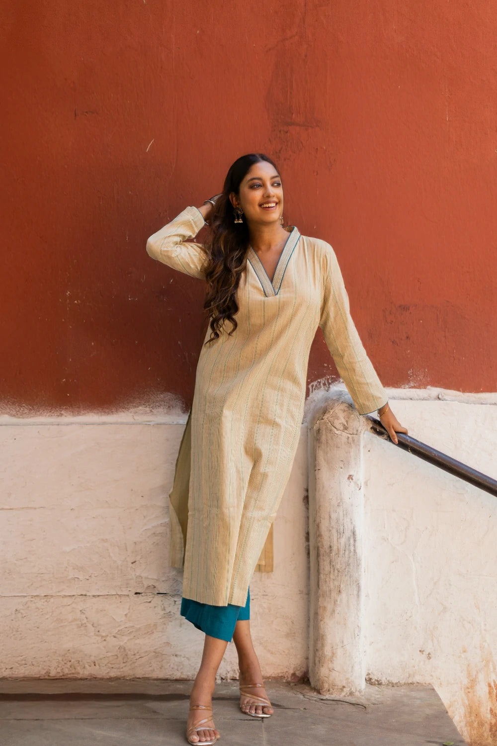 Beige & Ocean Blue Pure South Cotton Woven Kurta Set with Dupatta