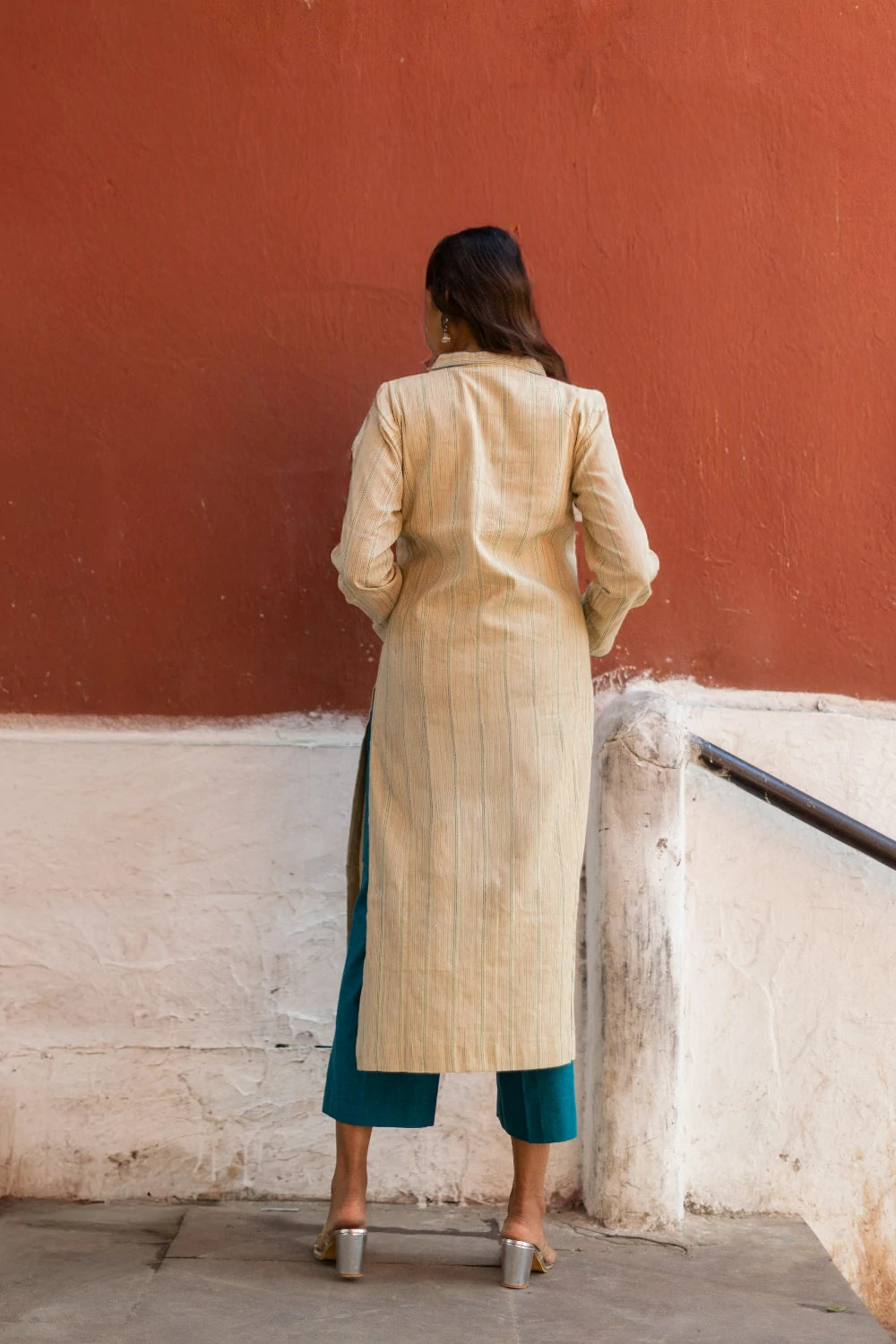 Beige & Ocean Blue Pure South Cotton Woven Kurta Set with Dupatta