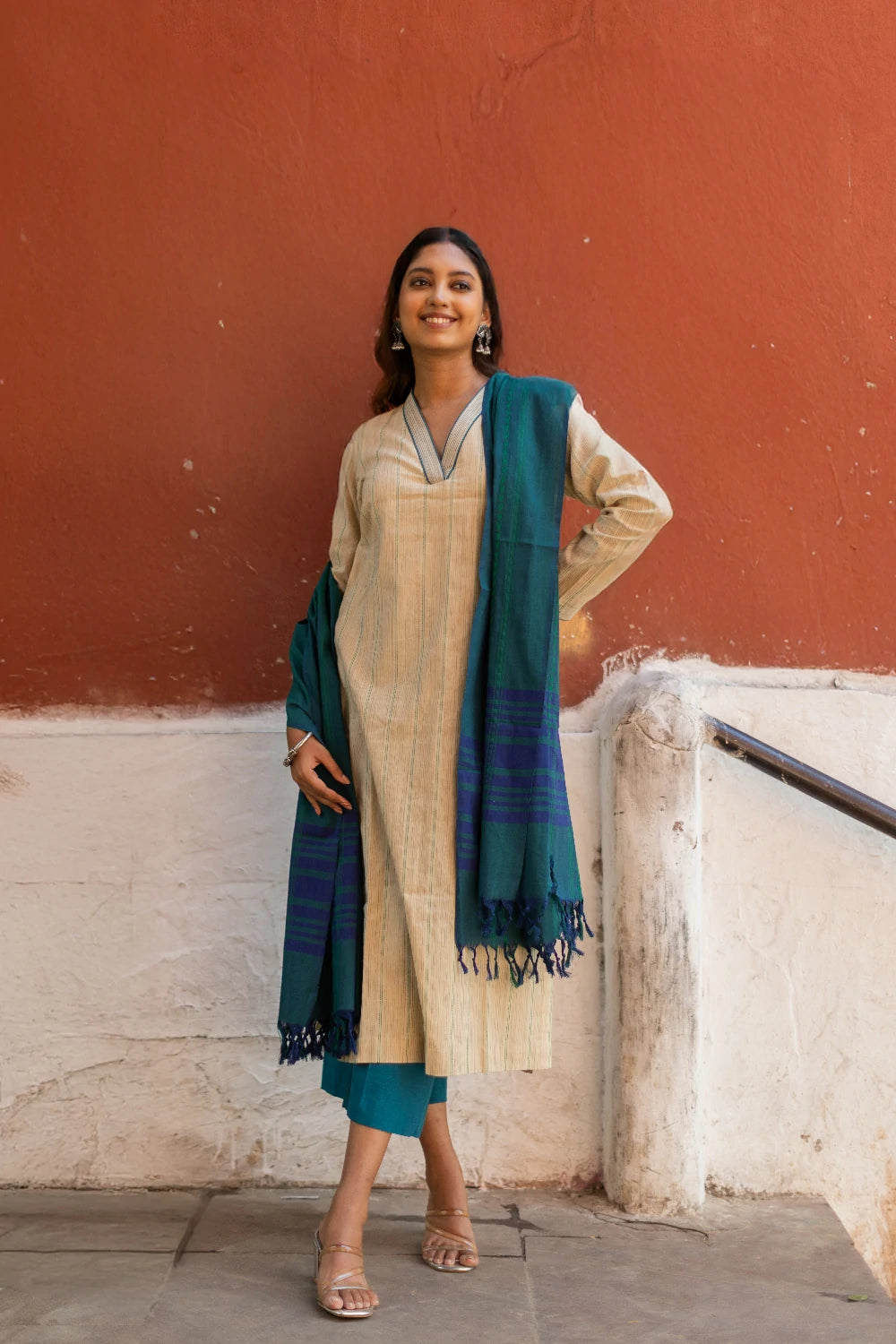 Beige & Ocean Blue Pure South Cotton Woven Kurta Set with Dupatta