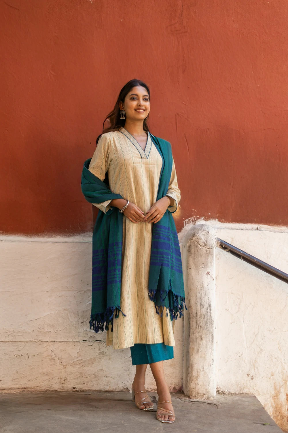 Beige & Ocean Blue Pure South Cotton Woven Kurta Set with Dupatta