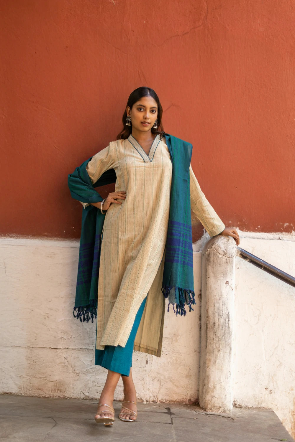 Beige & Ocean Blue Pure South Cotton Woven Kurta Set with Dupatta