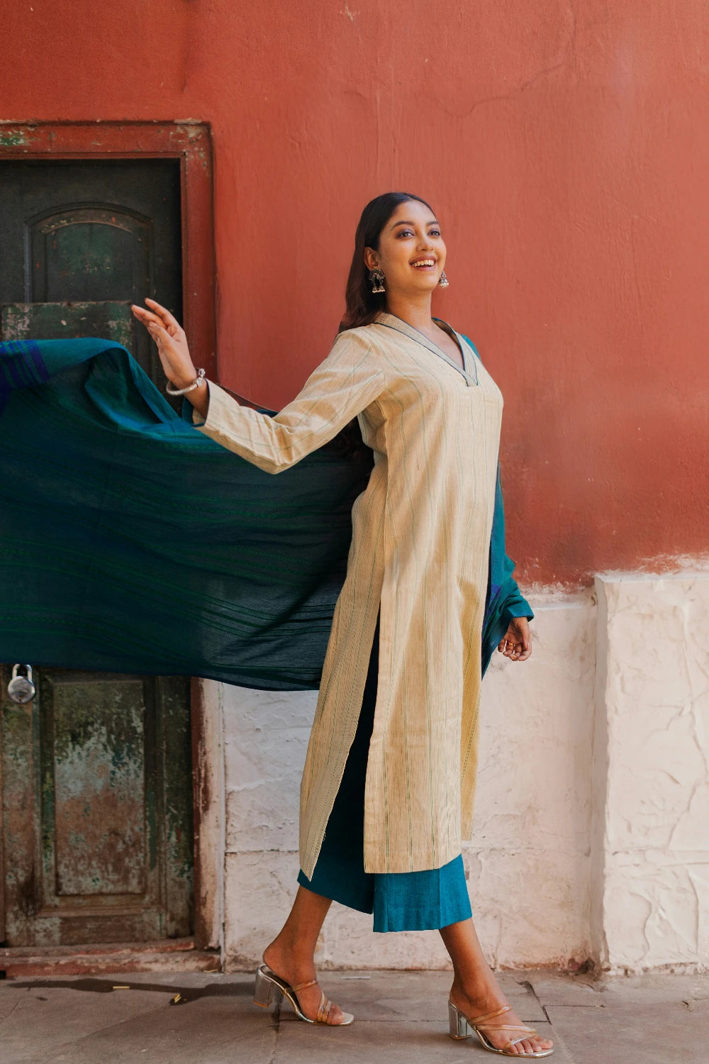 Beige & Ocean Blue Pure South Cotton Woven Kurta Set with Dupatta