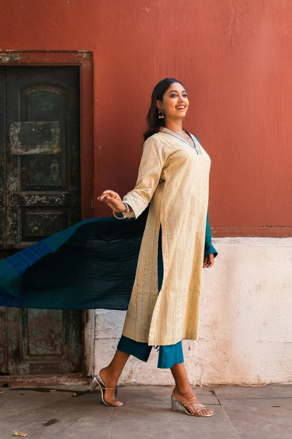 Beige & Ocean Blue Pure South Cotton Woven Kurta Set with Dupatta