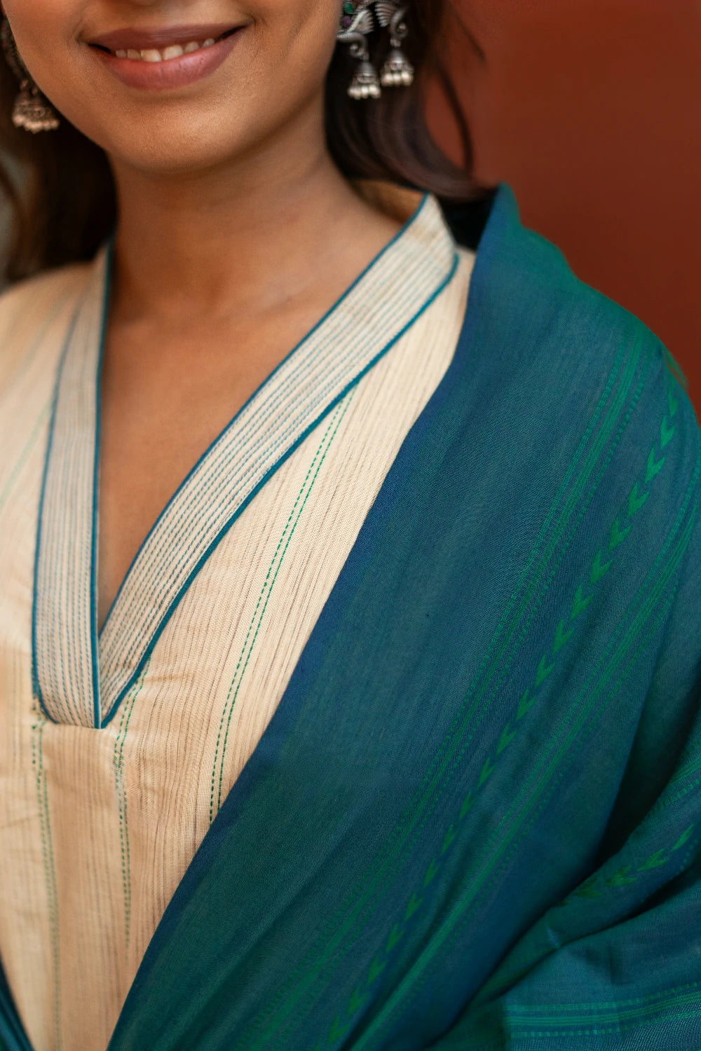 Beige & Ocean Blue Pure South Cotton Woven Kurta Set with Dupatta