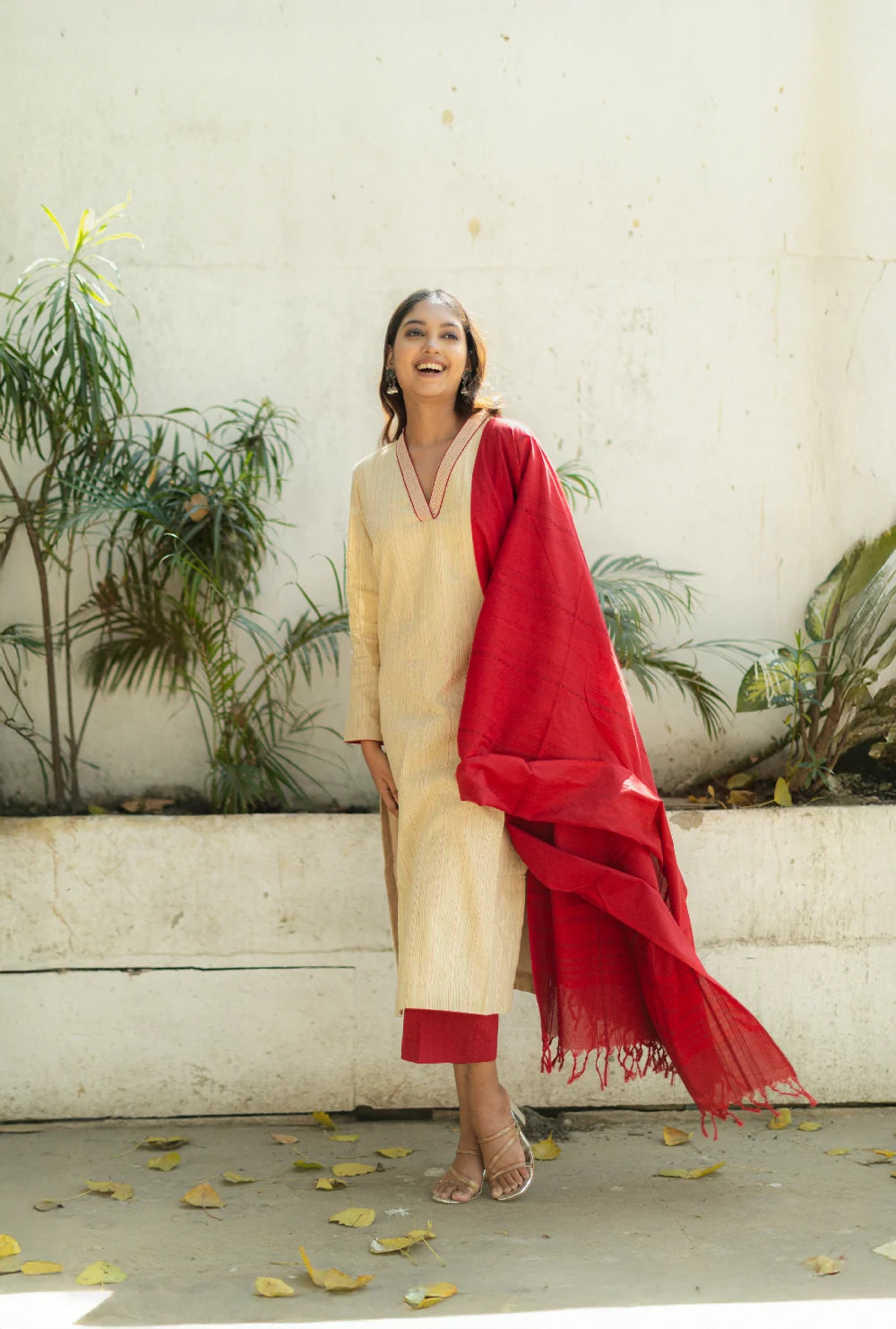 Beige & Red Pure South Cotton Woven Kurta Set with Dupatta
