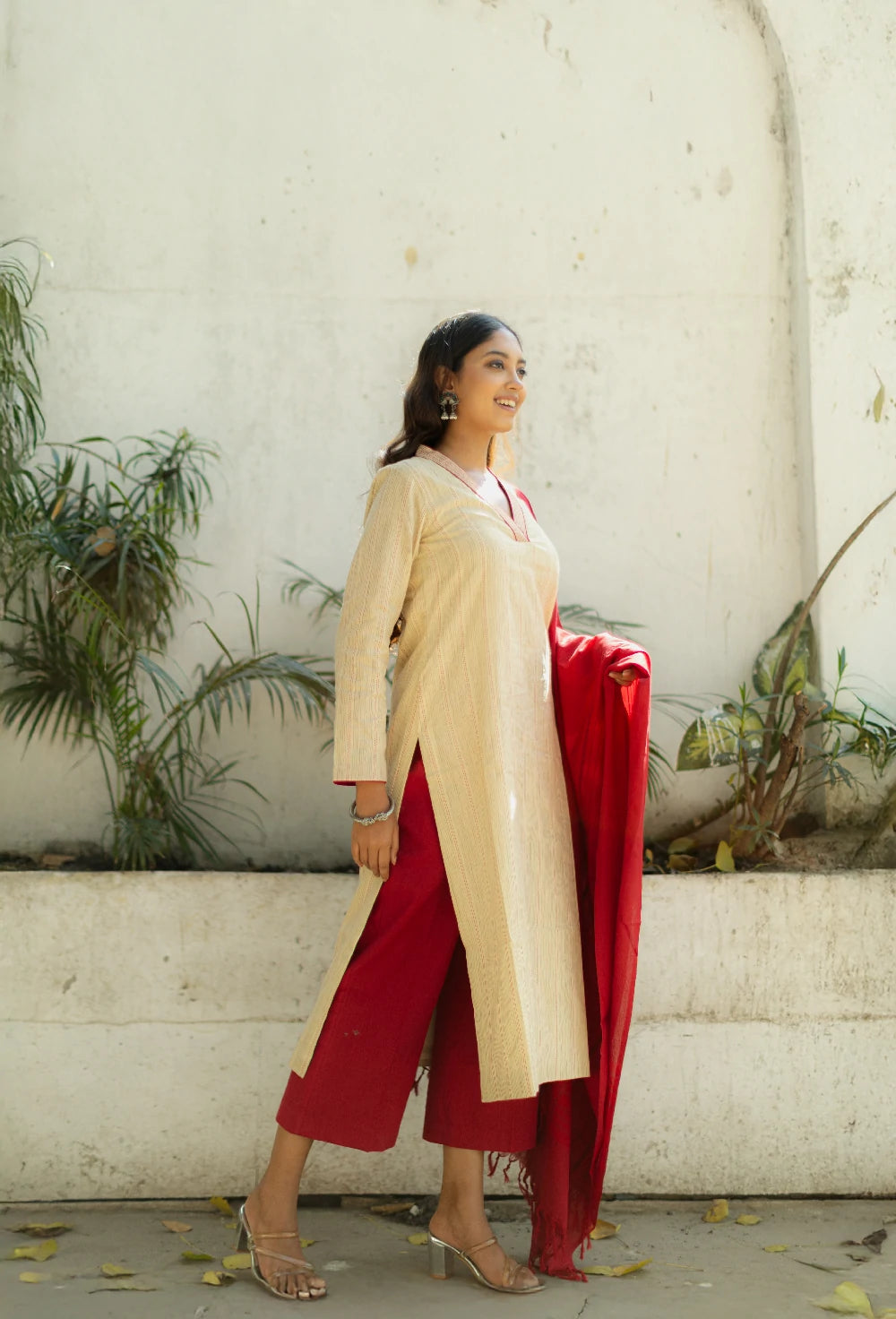 Beige & Red Pure South Cotton Woven Kurta Set with Dupatta