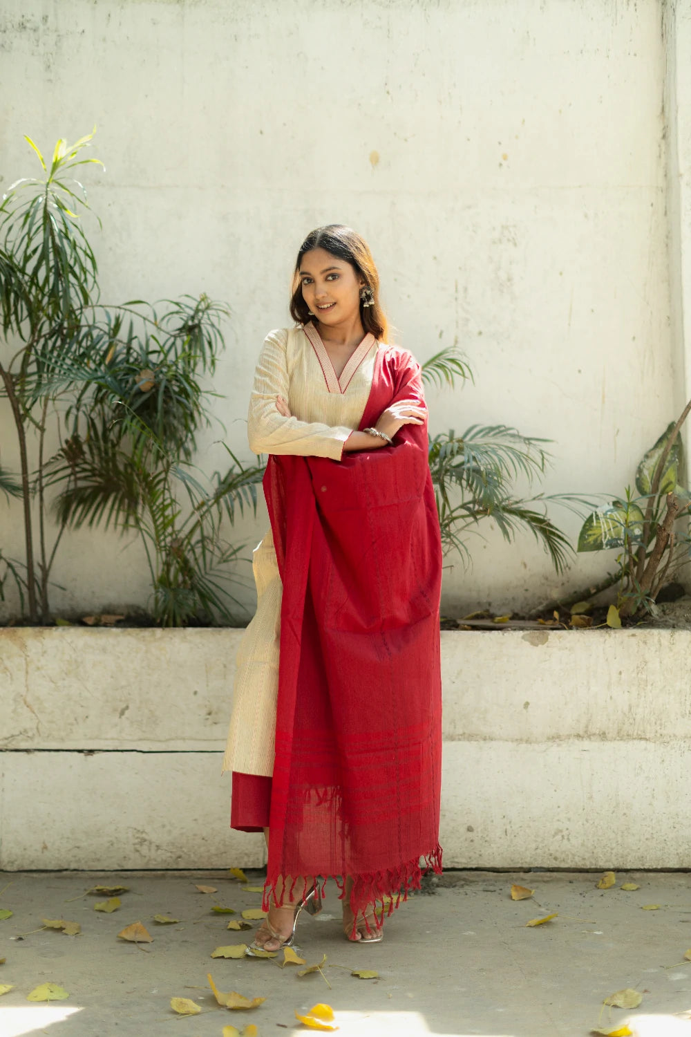 Beige & Red Pure South Cotton Woven Kurta Set with Dupatta