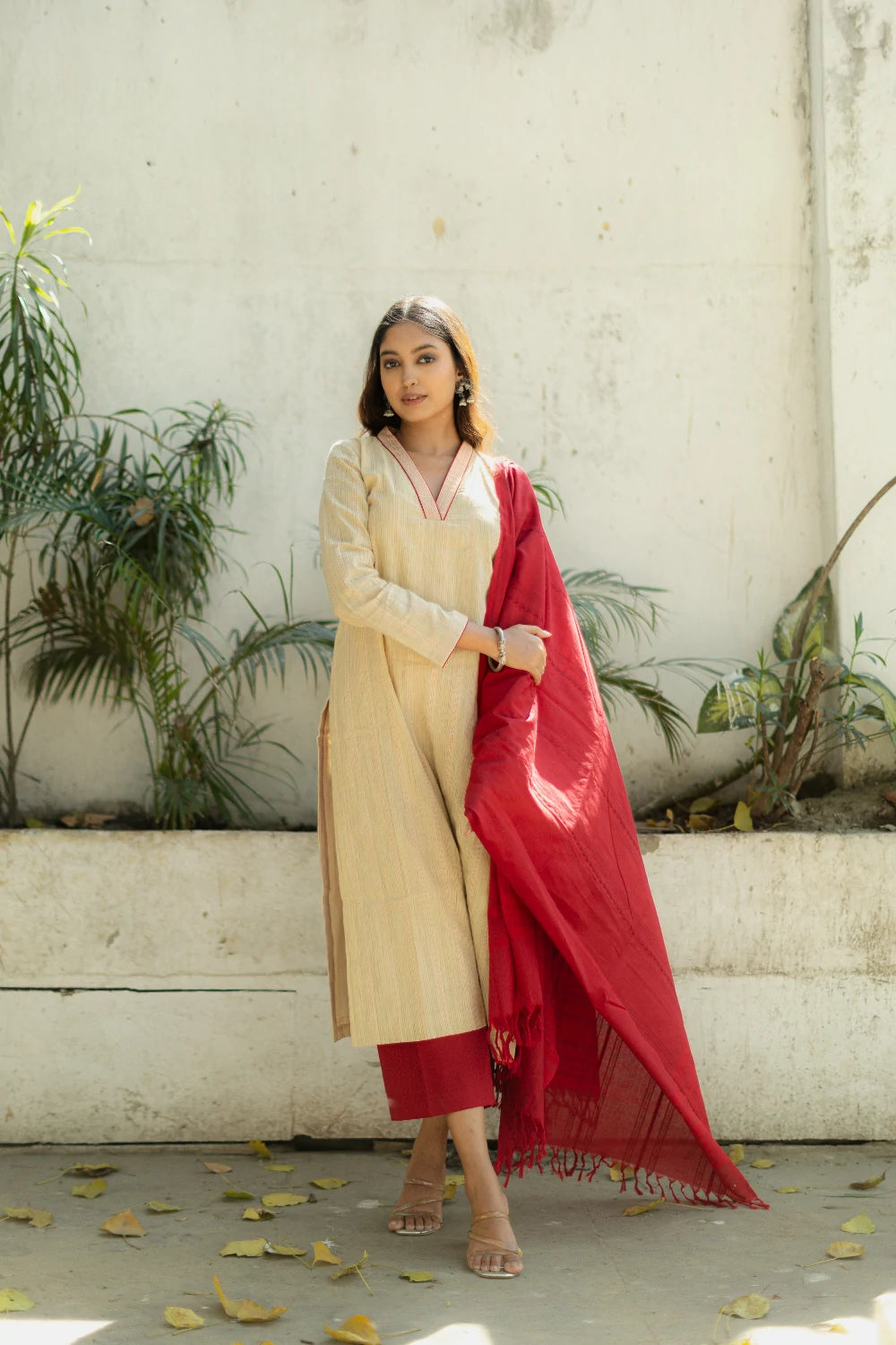 Beige & Red Pure South Cotton Woven Kurta Set with Dupatta