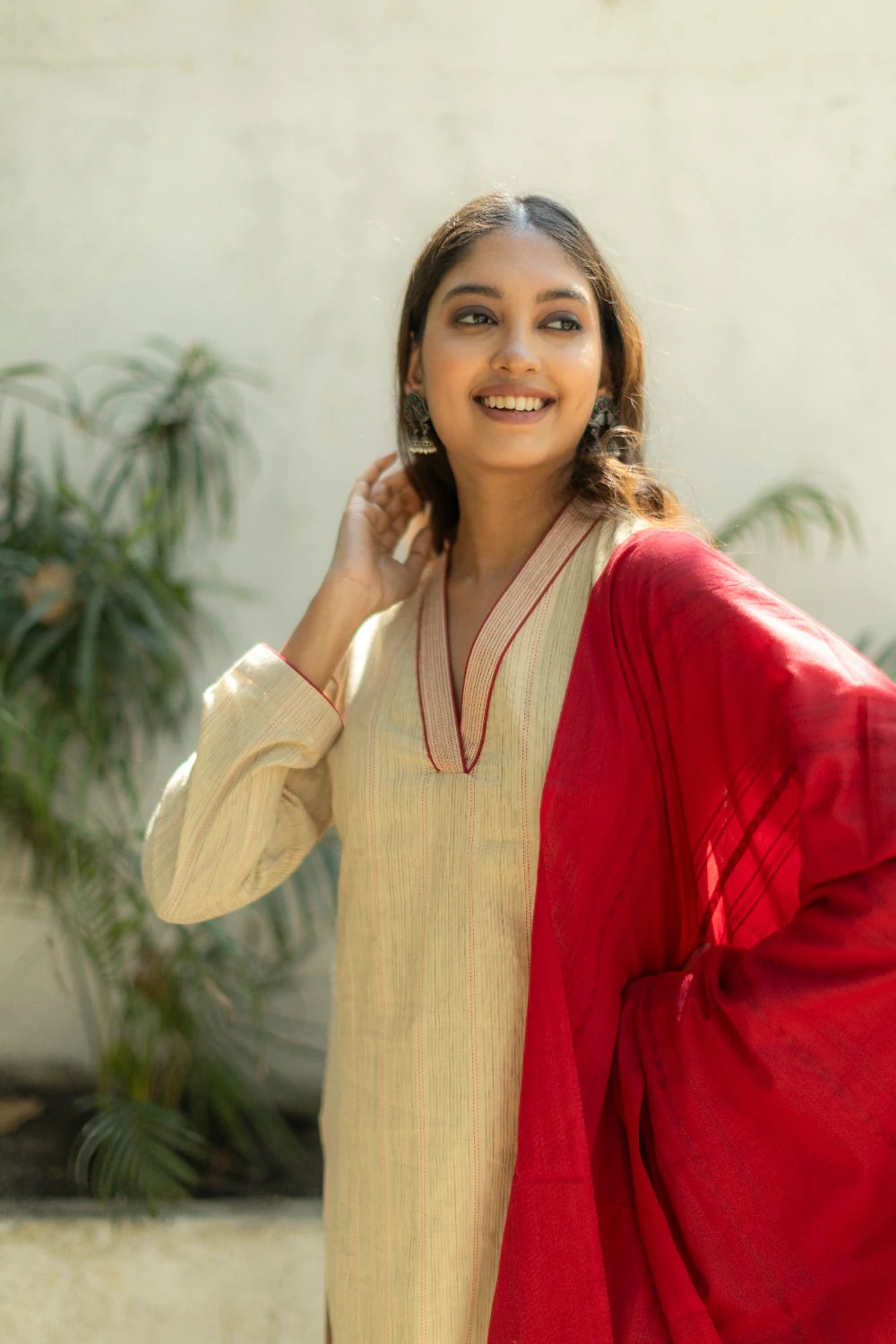 Beige & Red Pure South Cotton Woven Kurta Set with Dupatta