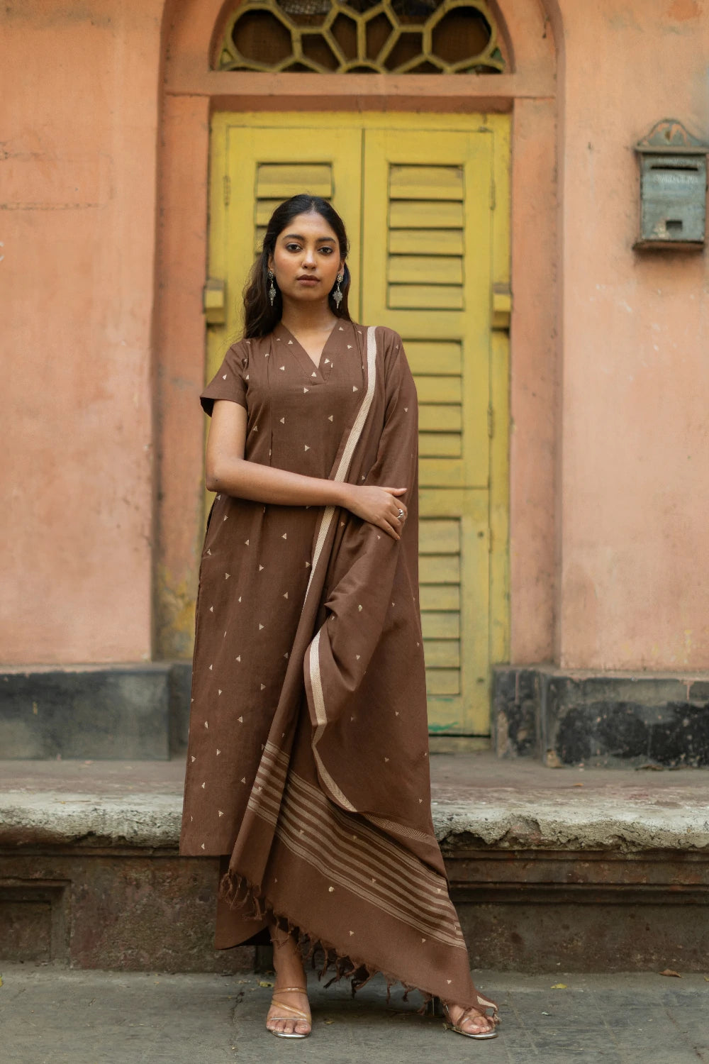 Chocolate Brown Pure South Cotton Woven Kurta Set with Dupatta