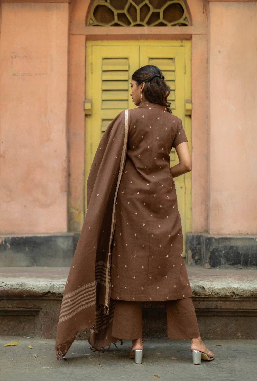 Chocolate Brown Pure South Cotton Woven Kurta Set with Dupatta