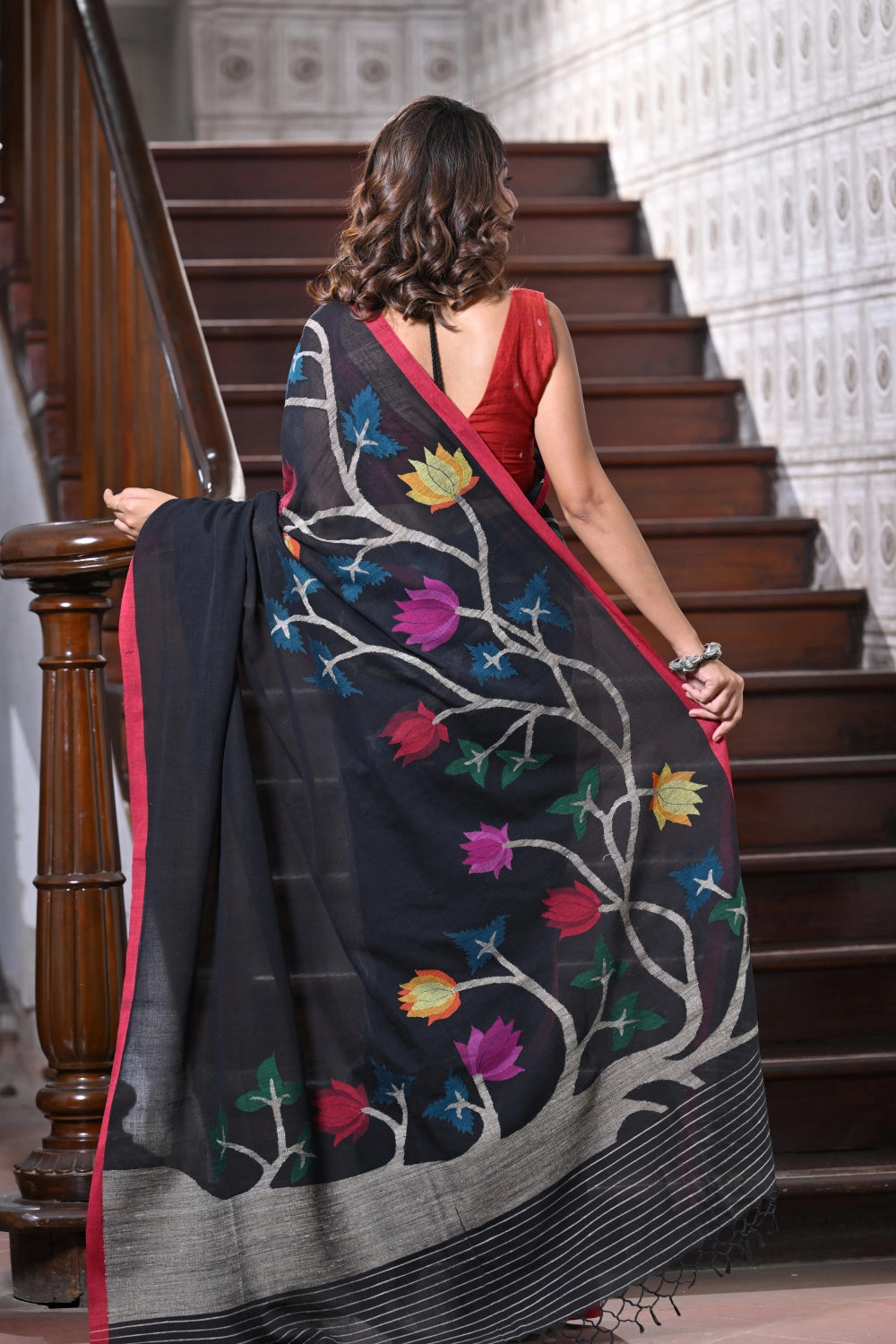 Handloom Black Soft Cotton Jamdani Saree With Multi Colour Floral Motifs