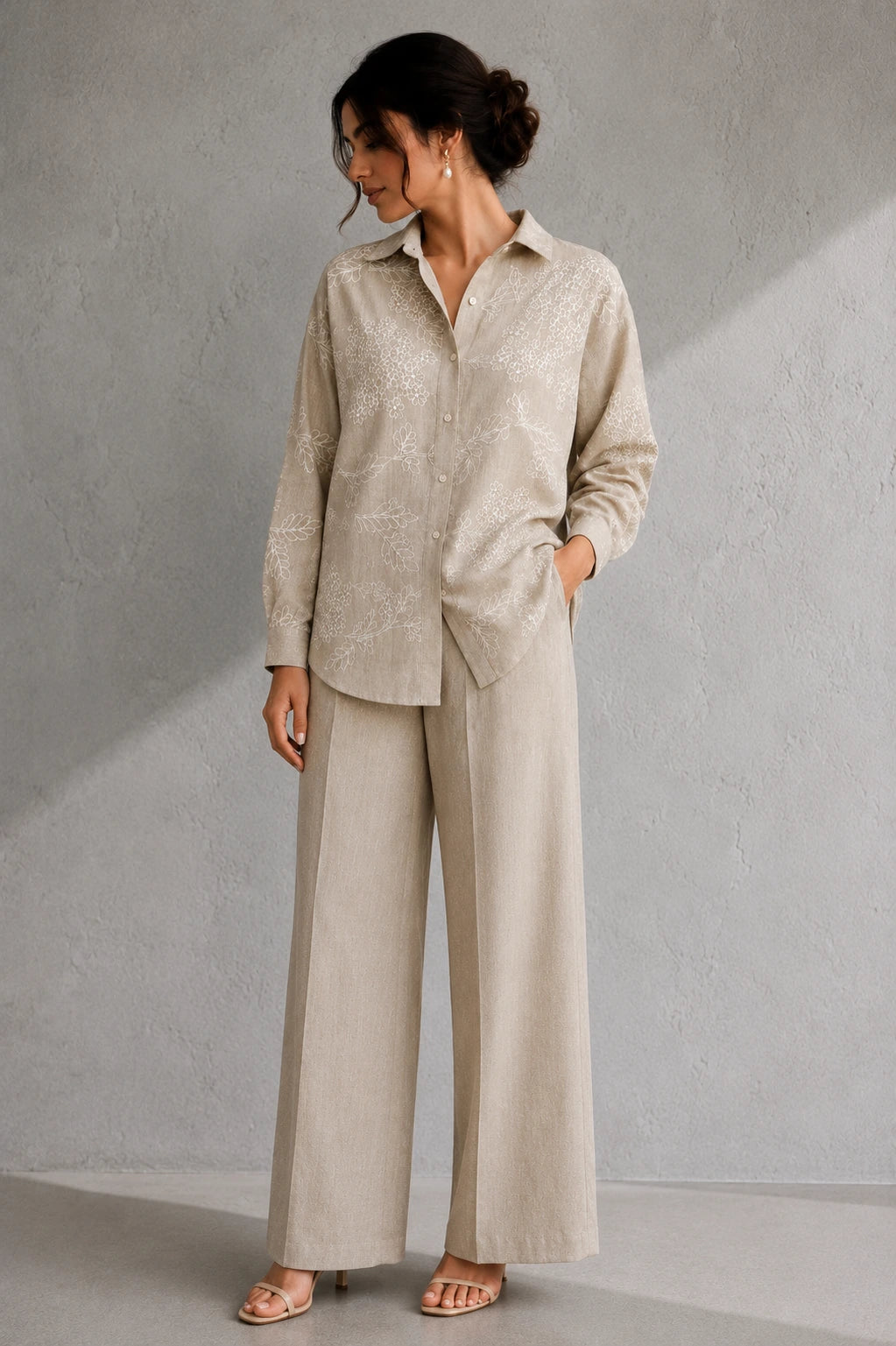 Beige Essence Embroidered Linen Co-Ord Set