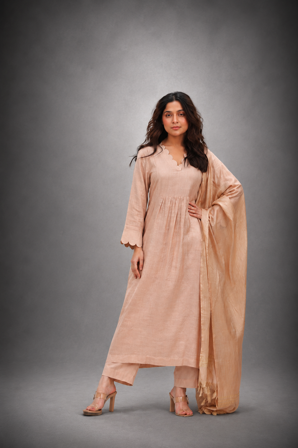 Beige soft cotton silk woven kurta set with dupatta by Sutra Art of Clothing