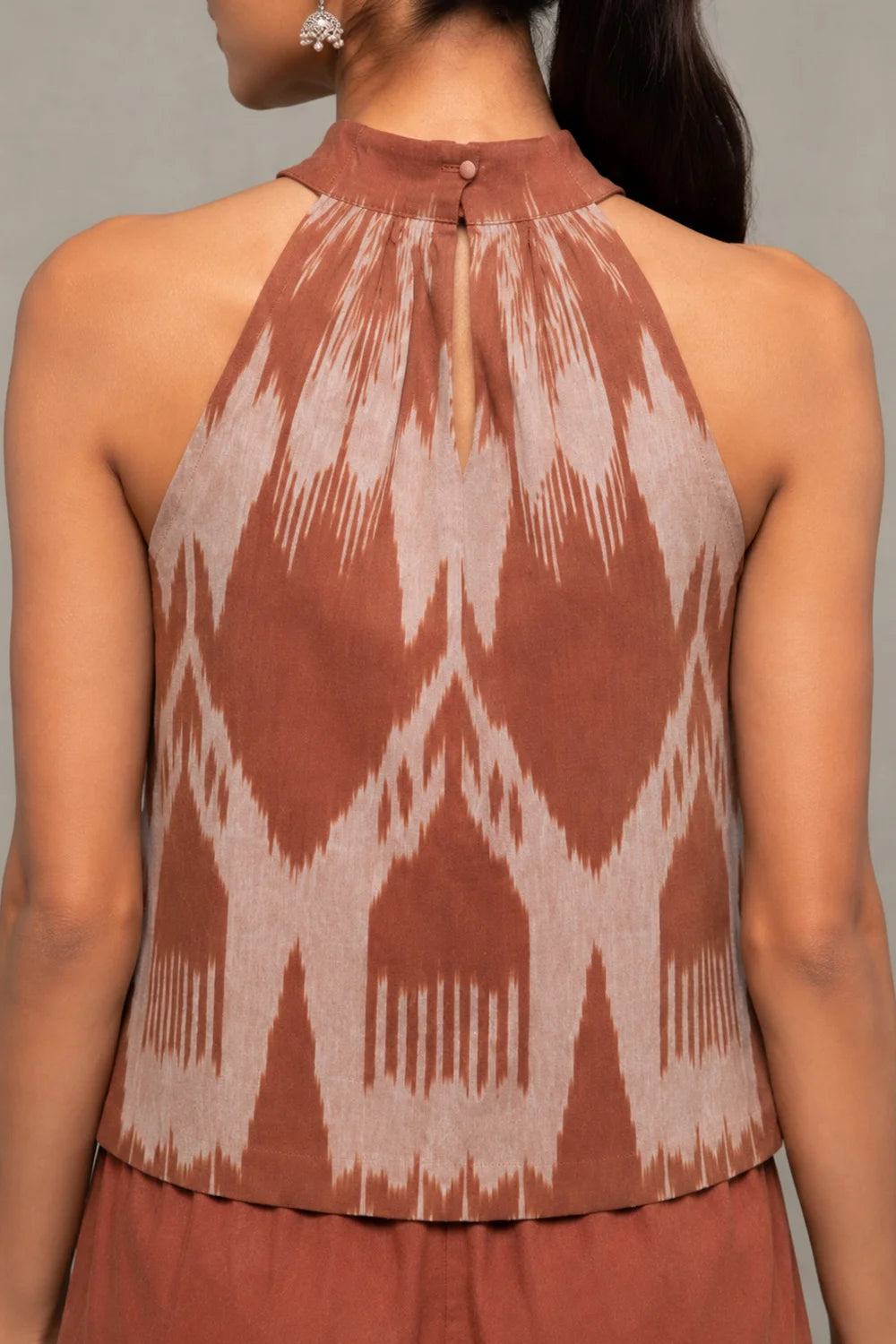 Close Up of Abstract Ikkat Weave on Brown Handloom Halter Top