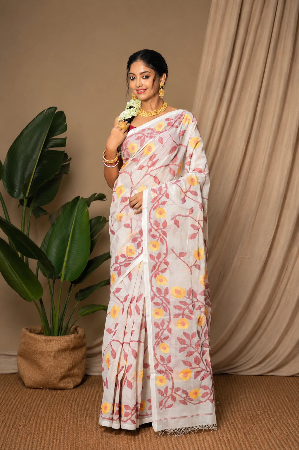 Handloom White & Red Pure Cotton Yellow Floral Motifs Jamdani Saree