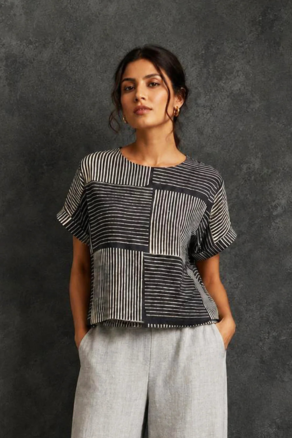 Grey Box Checks Hand Block Print Top