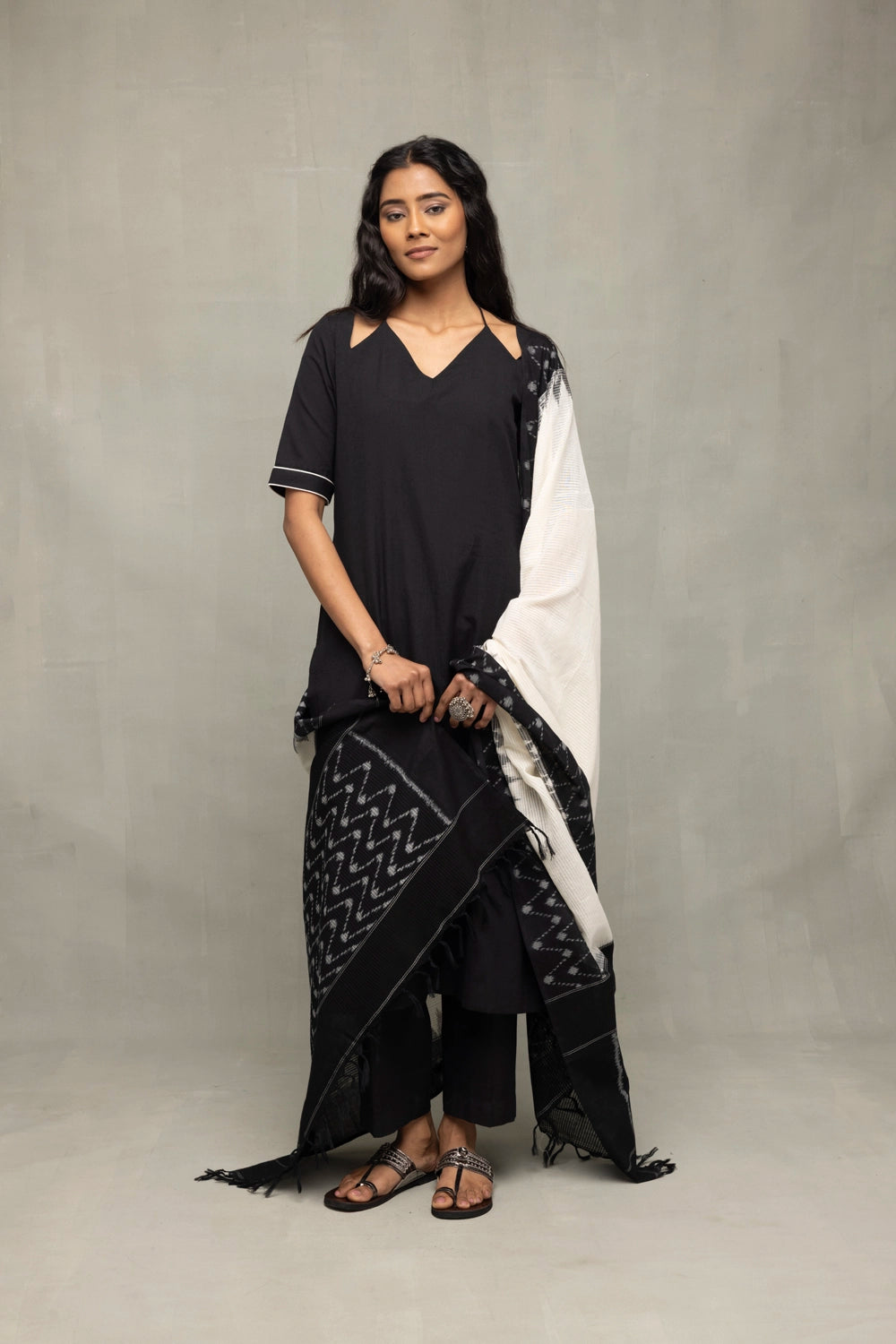 Handloom Black Pure Cotton Kurta Set with Ikkat Dupatta