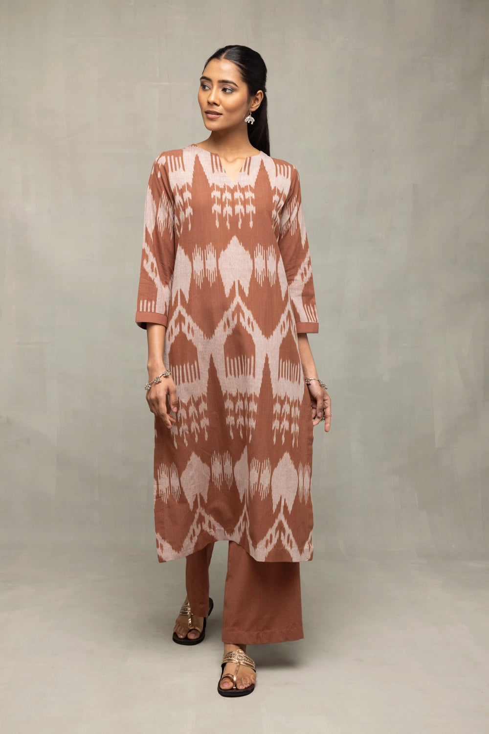 Handloom Chocolate Brown Abstract Ikkat Co-ord Set