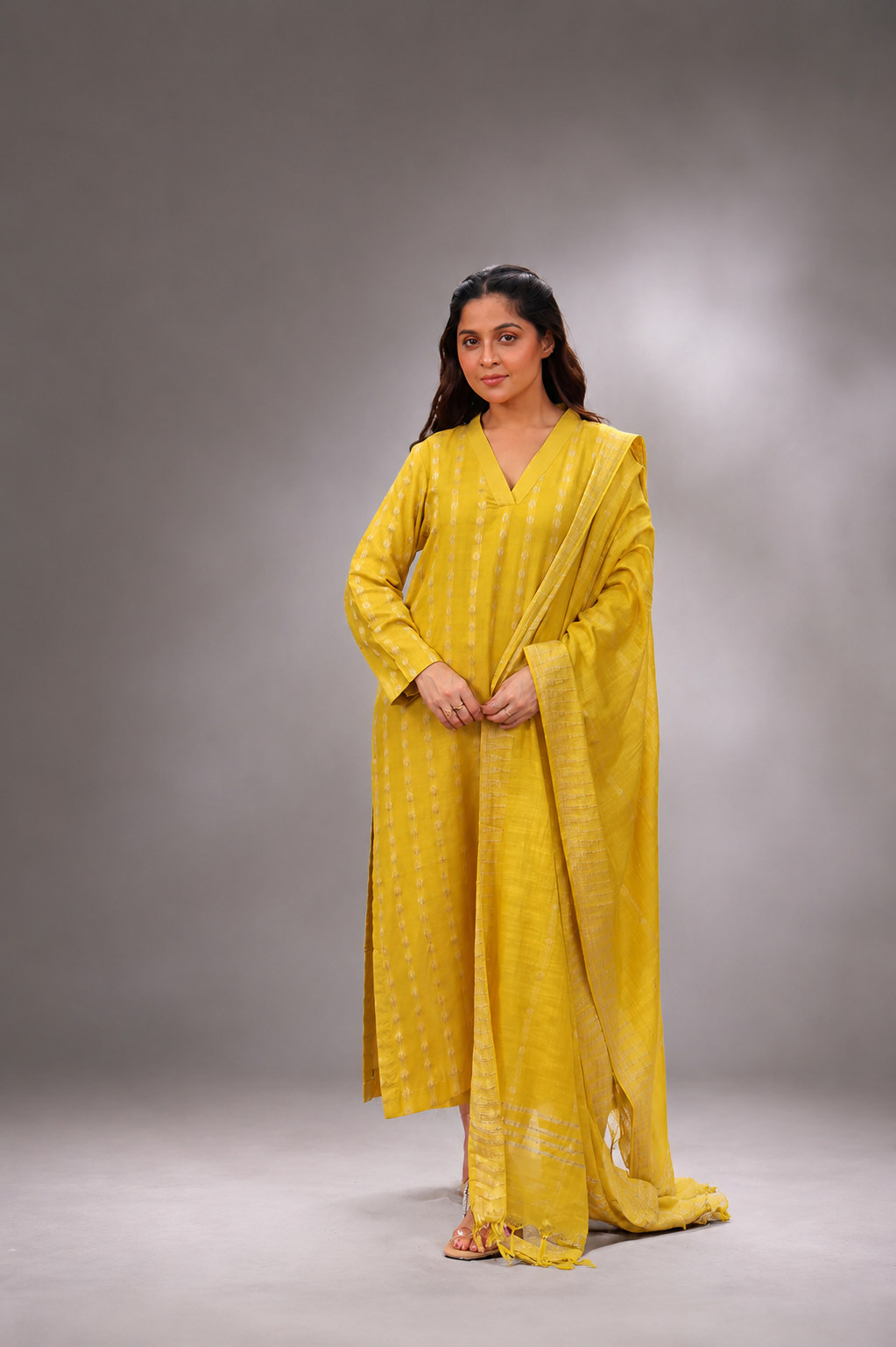Lemon yellow cotton silk woven kurta set with dupatta