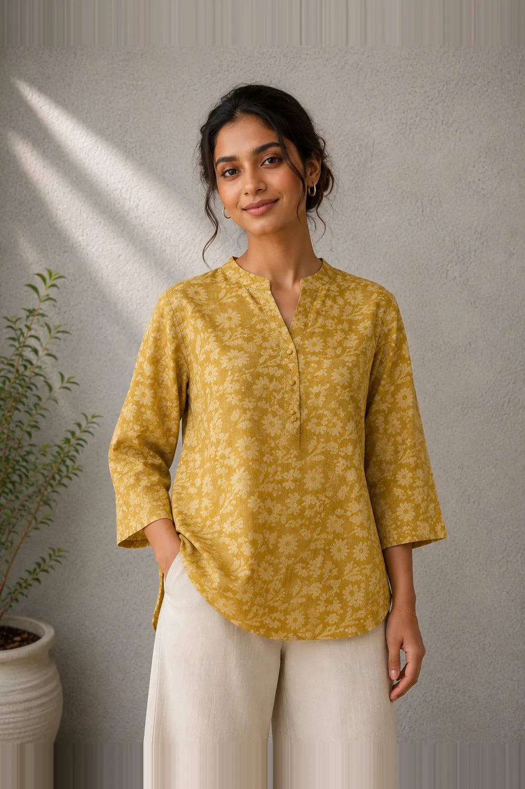 Mustard Yellow Batik Printed Khadi Top