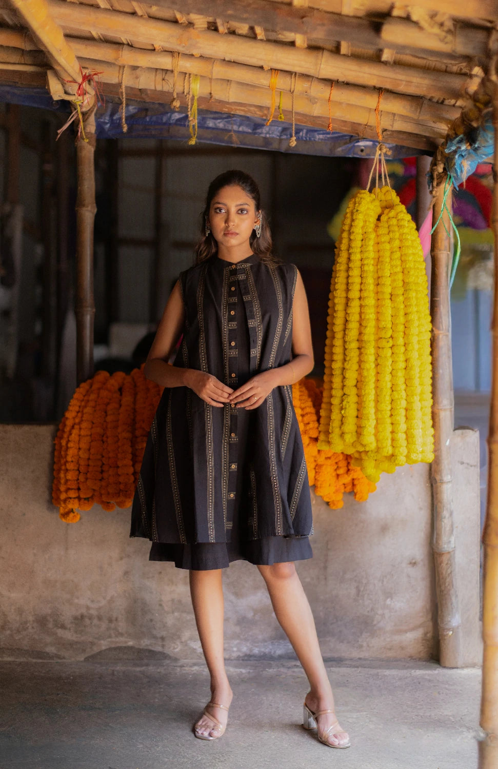 Noir Black South Cotton Dress with Shrug