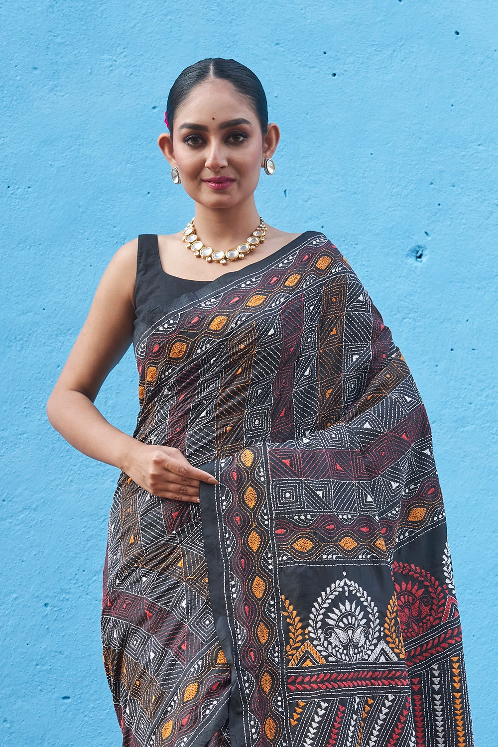 Handloom Black Muti Colour Pure Silk Kantha Saree