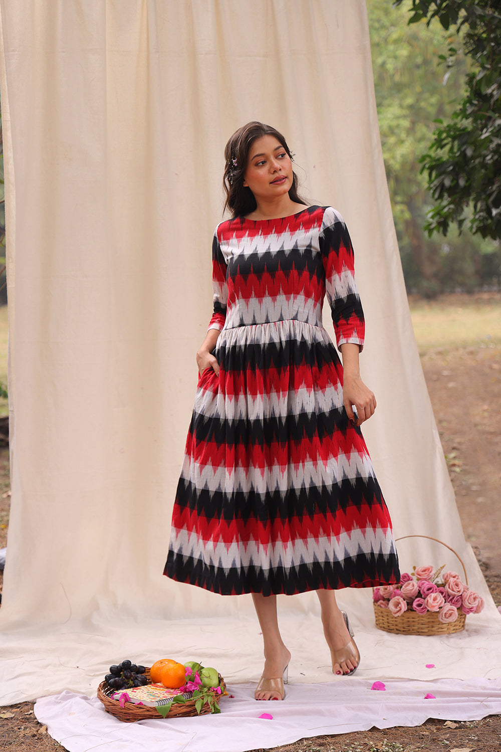 ikkat cotton dresses Long Sleeves White Ikat Cotton Dress