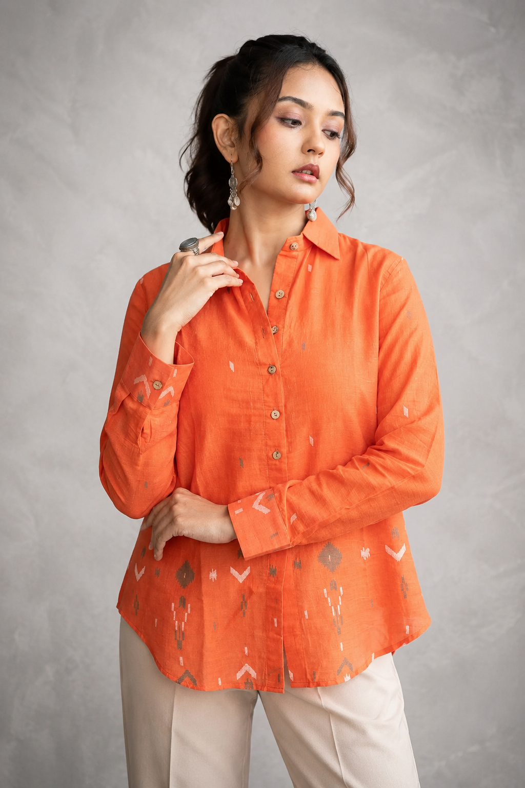 Rust orange Jamdani cotton shirt front view