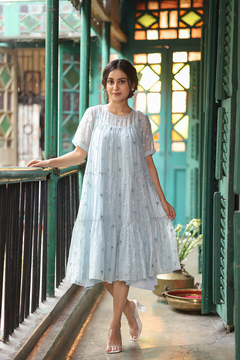 Blue Blossom Embriodered Mul Chanderi Dress