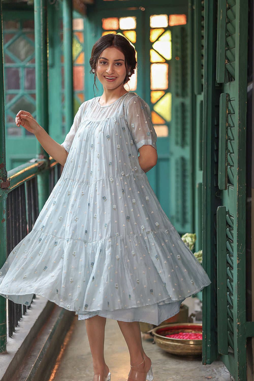 Blue Blossom Embriodered Mul Chanderi Dress