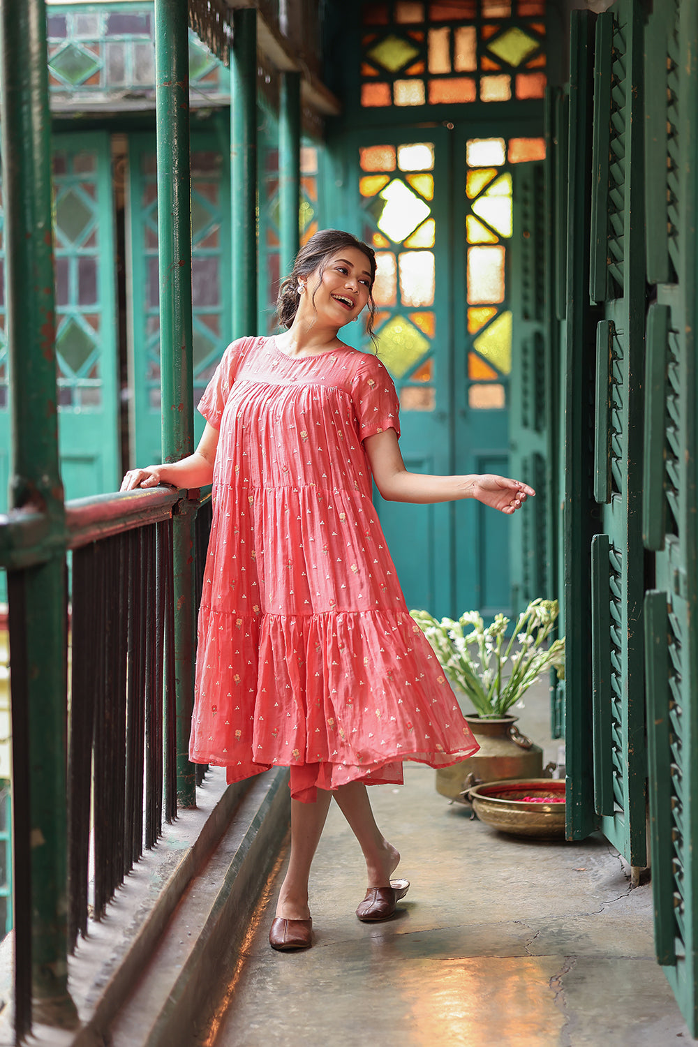 Peach Echo Embriodered Mul Chanderi Dress