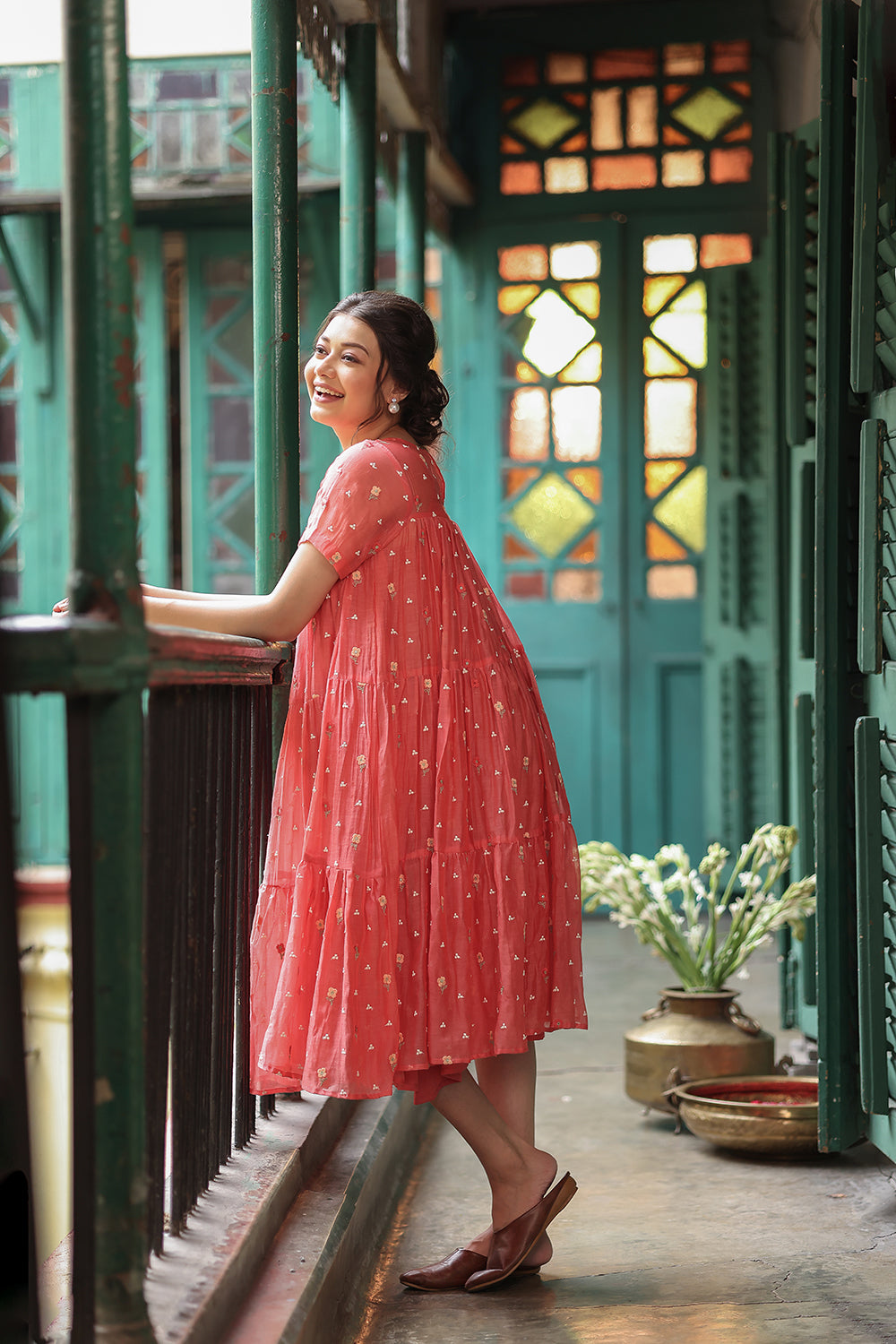 Peach Echo Embriodered Mul Chanderi Dress