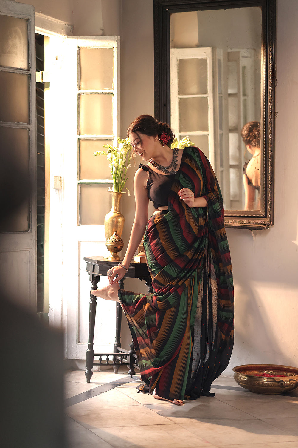 Handloom Black Pure Cotton Saree With Multi Colour Stripes