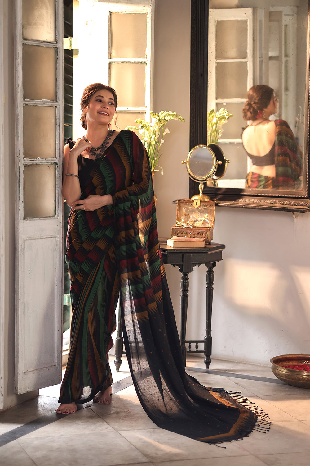 Handloom Black Pure Cotton Saree With Multi Colour Stripes