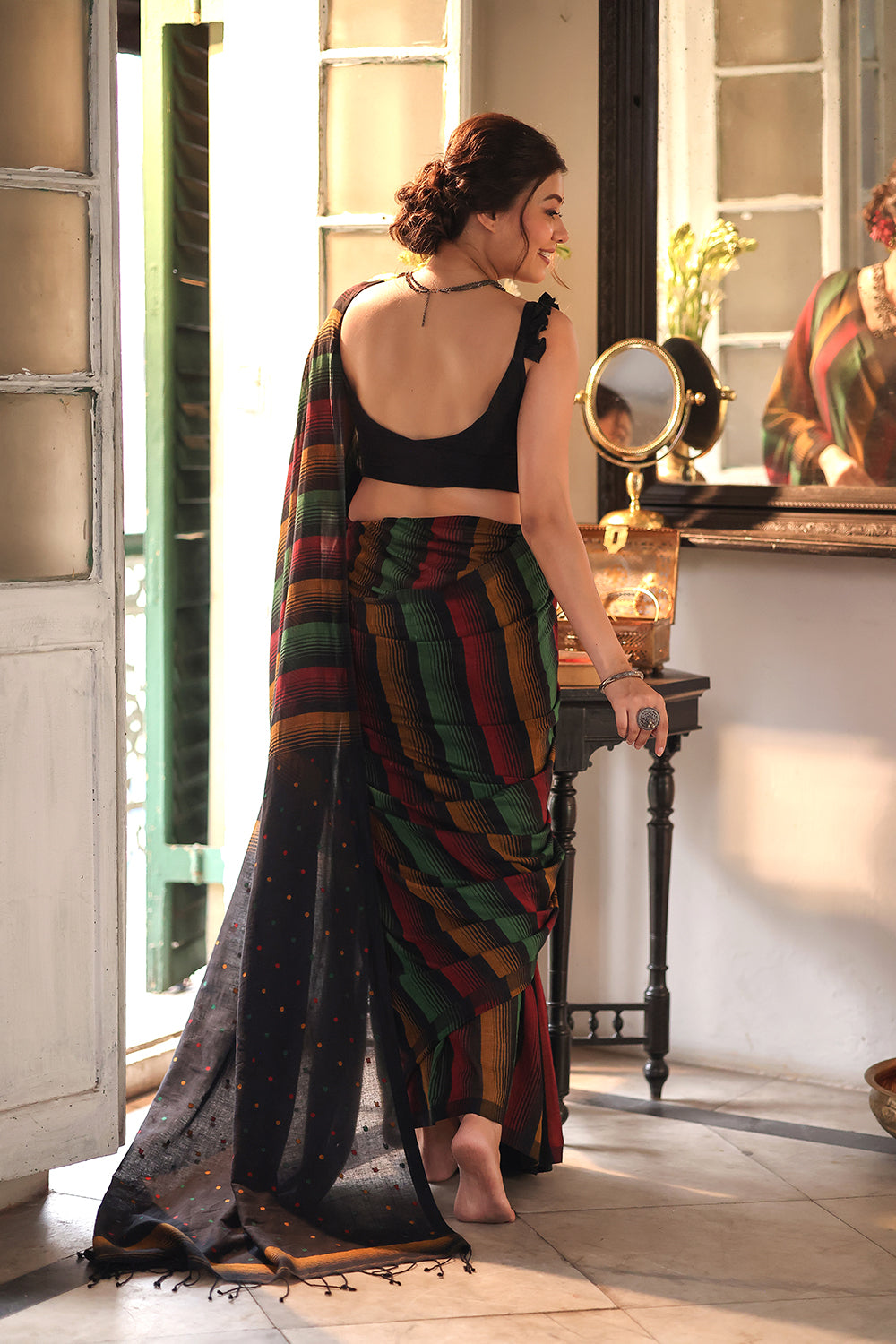 Handloom Black Pure Cotton Saree With Multi Colour Stripes