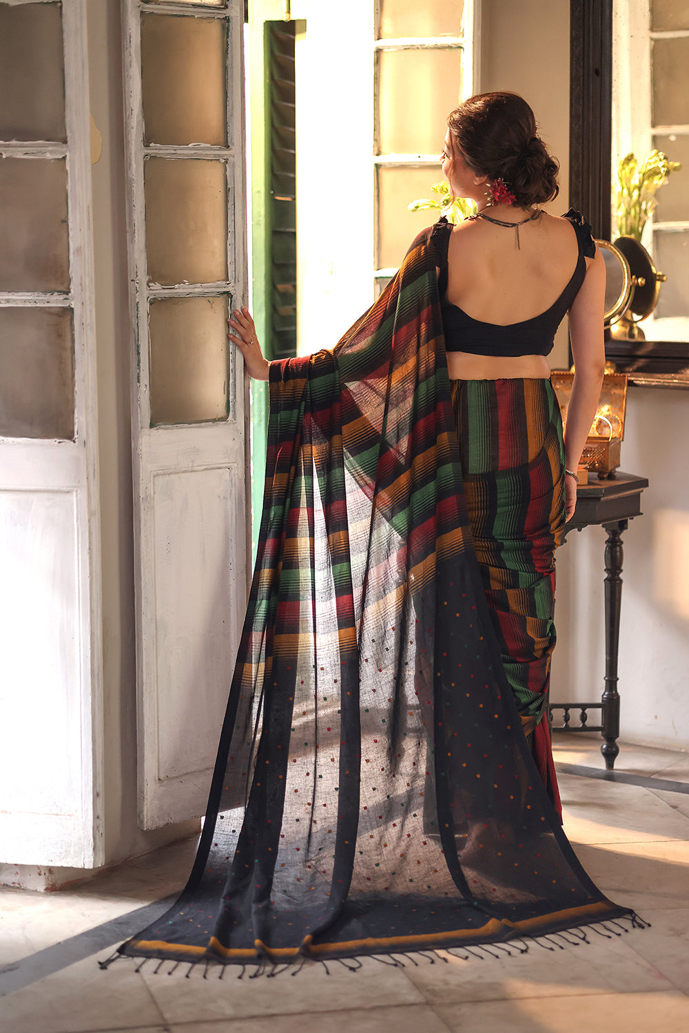 Handloom Black Pure Cotton Saree With Multi Colour Stripes
