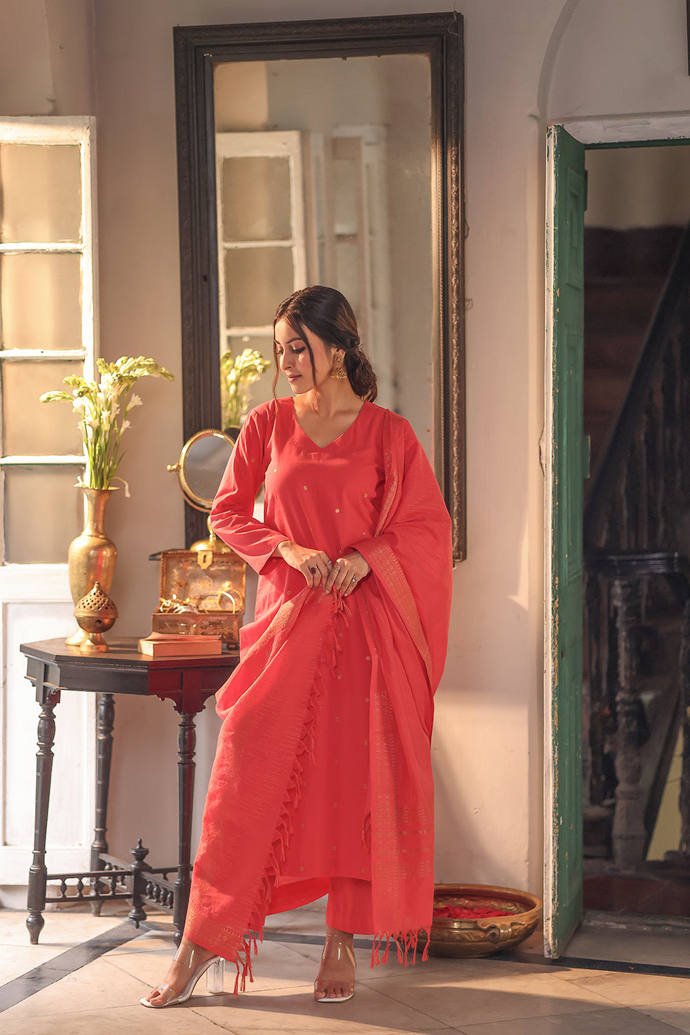 Peach Echo Pure South Cotton Zari Kurta Set With Dupatta