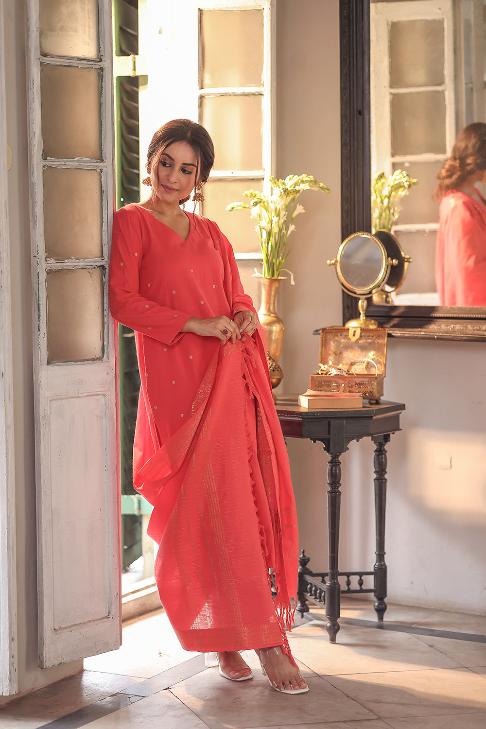 Peach Echo Pure South Cotton Zari Kurta Set With Dupatta