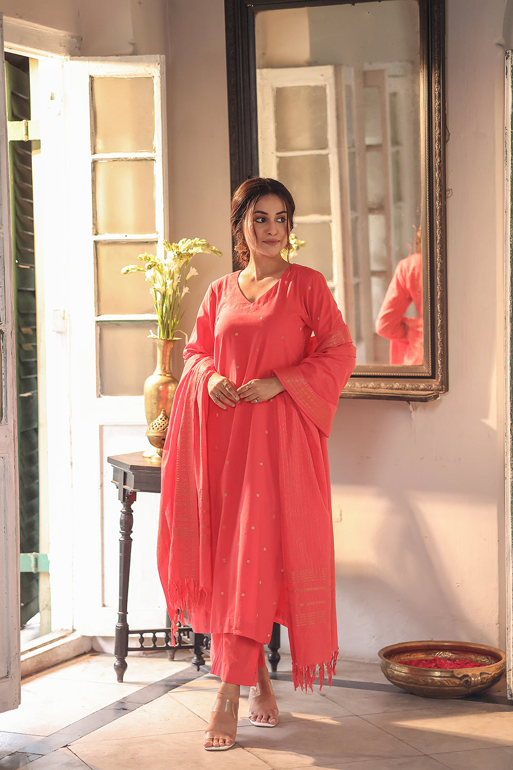Peach Echo Pure South Cotton Zari Kurta Set With Dupatta